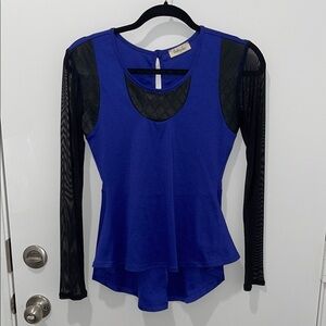 Blue leather black and sheer long sleeve top size small